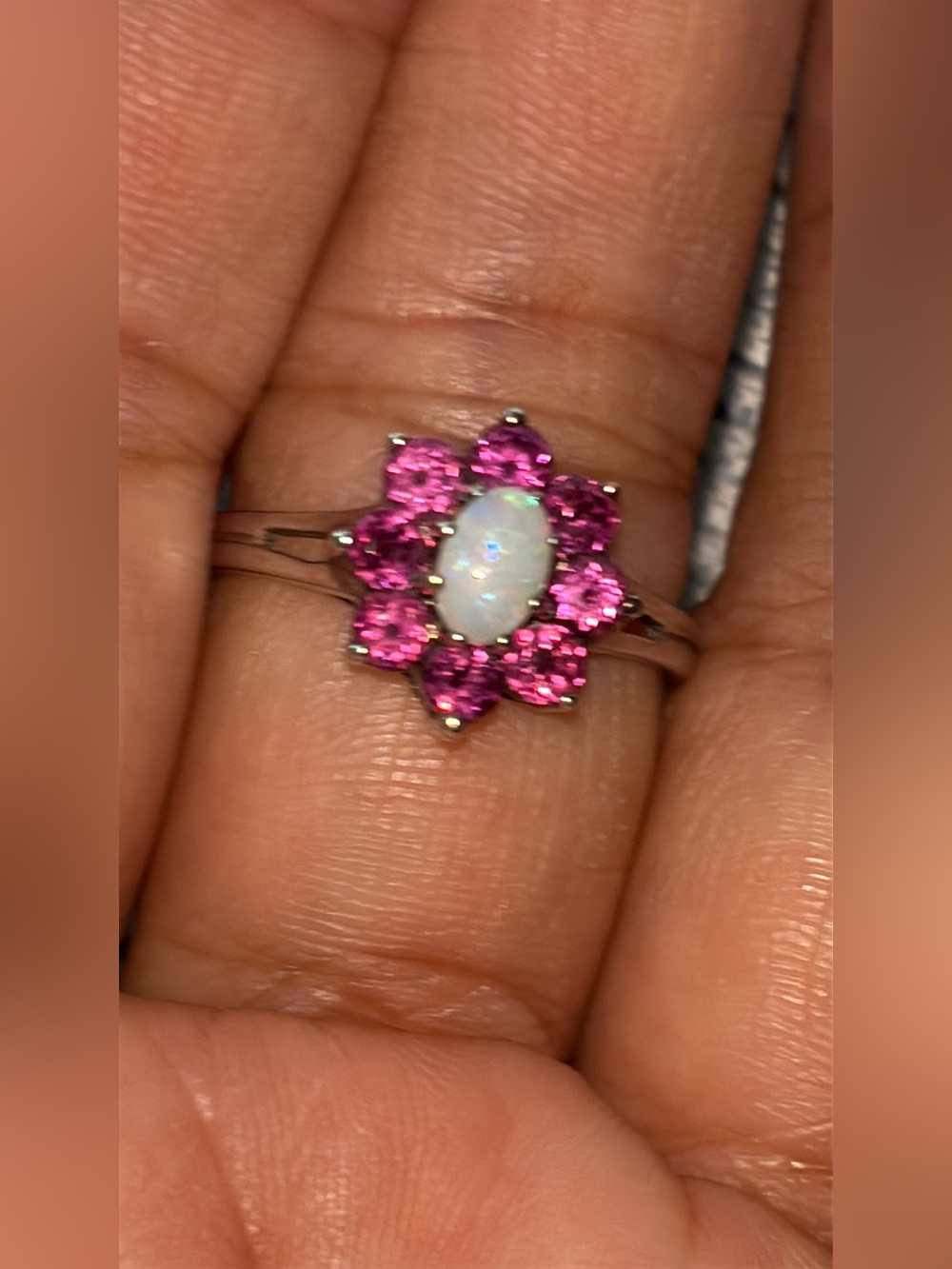 Pink Sapphires and Opal Sterling Silver Ring